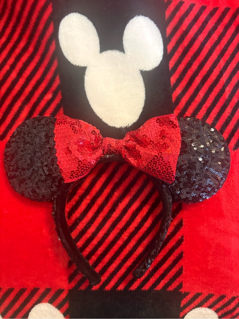 Disney Black Sequin Minnie Ears Headband with Red Bow